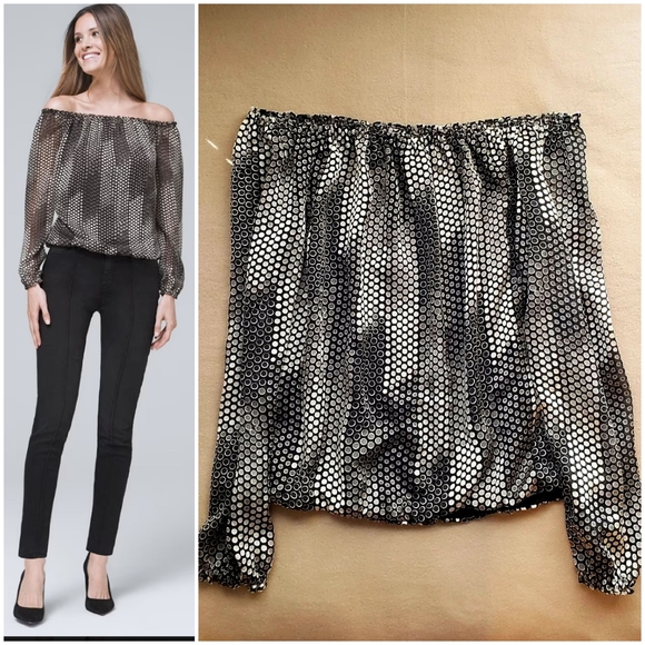 White House Black Market Tops - WHBM Black and Silver Graphic Dot Off-The-Shoulder Blouse, Size Large, GUC
